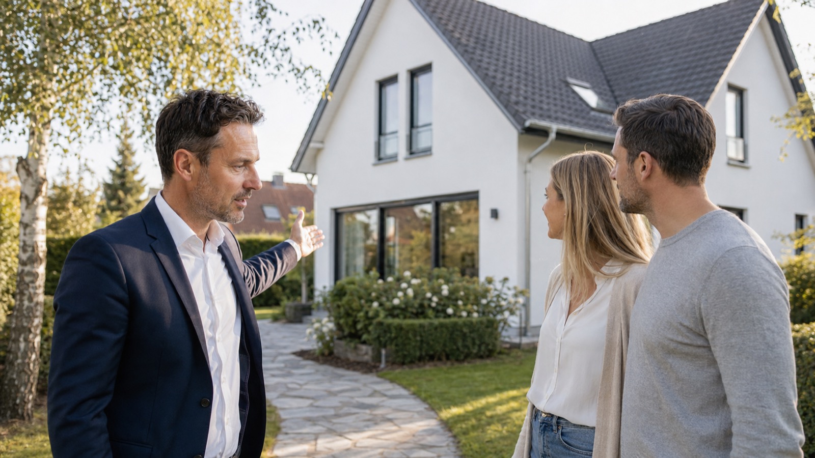 Immobilienmakler zeigt einem Paar ein Einfamilienhaus bei der Besichtigung