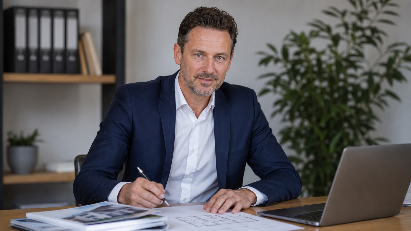 Immobilienmakler am Schreibtisch mit Exposés und Laptop im Maklerbüro