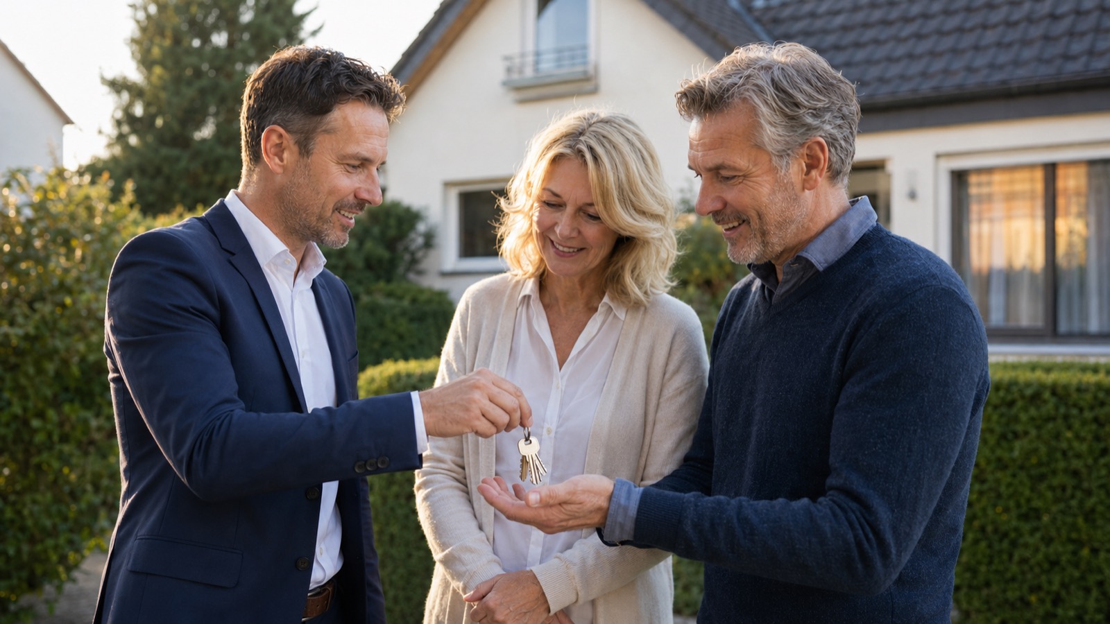Schlüsselübergabe nach erfolgreichem Hausverkauf vor dem Einfamilienhaus